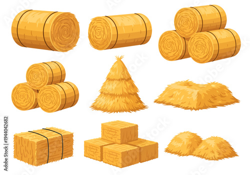 A vibrant collection of golden hay bales and stacks is displayed, featuring neatly tied cylindrical and rectangular blocks alongside loose rustic piles, perfectly capturing the essence of the harvest