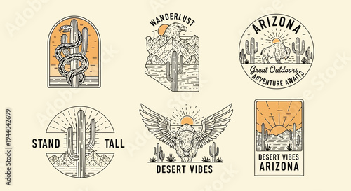 Arizona Desert Vibes: Vintage Line Art Badges with Cacti, Bison, Eagle, Snake