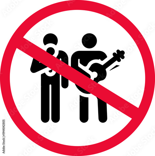 No busking sign with street musicians icons and red prohibition symbol