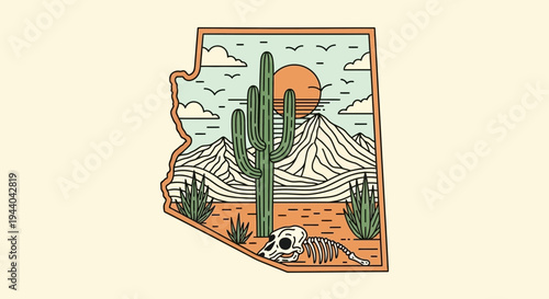 Arizona Desert Landscape Silhouette with Saguaro Cactus and Skeleton