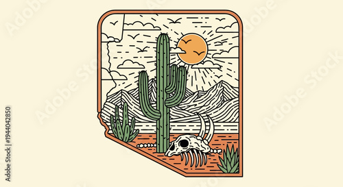 Desert Landscape with Saguaro Cactus and Animal Skull