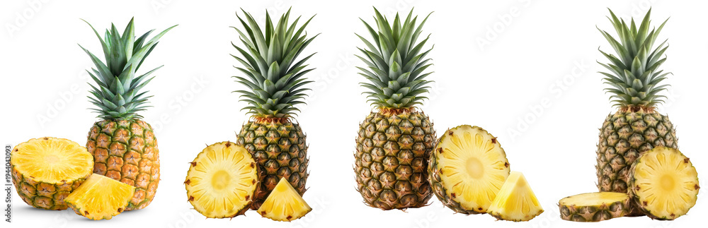 Naklejka premium Vibrant fresh whole and sliced pineapples isolated on a transparent background.