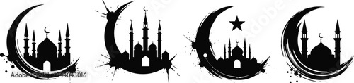 Islamic mosque silhouette inside crescent moon grunge style Ramadan Kareem illustration set with stars isolated on white background for Eid Mubarak celebration design
