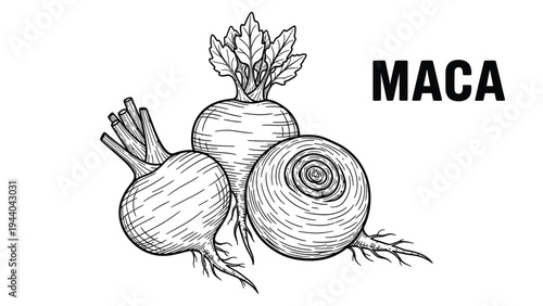 Maca root plant illustration for healthy food and dietary supplements in sketch style, natural organic ingredient for wellness and nutrition, healthy lifestyle