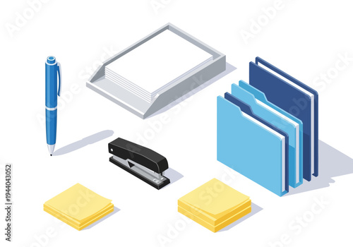 Office supplies including a pen, stapler, sticky notes, and folders isolated on white background