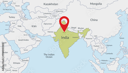 India on political map with location marker3. Travel concept. Vector flat template.