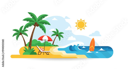 A vibrant flat design illustration of a tropical beach with palm trees, a lounge chair, an umbrella, ocean waves, and a surfboard under a sunny sky.