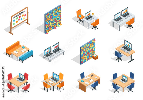 Isometric office spaces and collaboration areas with furniture, technology, and sticky notes