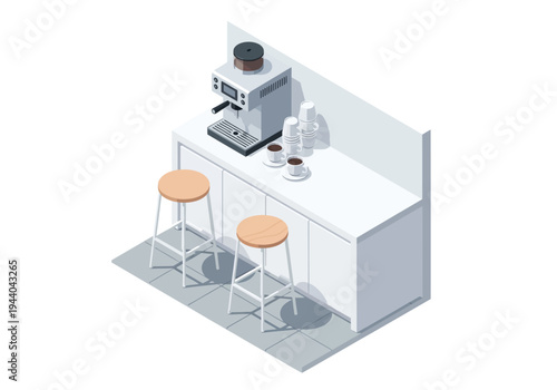 Modern coffee station with espresso machine, cups, and stools in a clean, contemporary setting