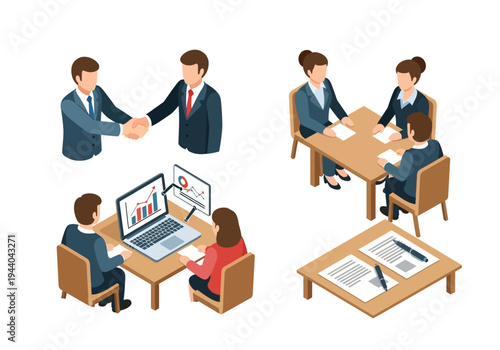 Business meeting and handshake illustrations representing collaboration and successful deal closure