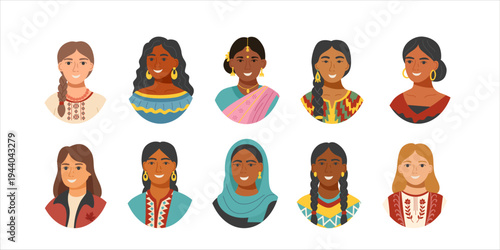 Set of female avatars with different skin tone and nationalities isolated on white4. Concept of equality, cultural and racial diversity, friendship, inclusion. Vector flat cliparts.