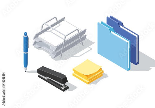 Isometric office supplies stapler, pen, paper tray, folders, and sticky notes