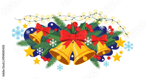 Christmas Bells, Holly, Pine Branches, Garland, Lights, Snowflakes, Stars