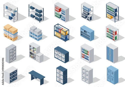 Collection of Isometric Furniture and Storage Solutions for Offices and Homes