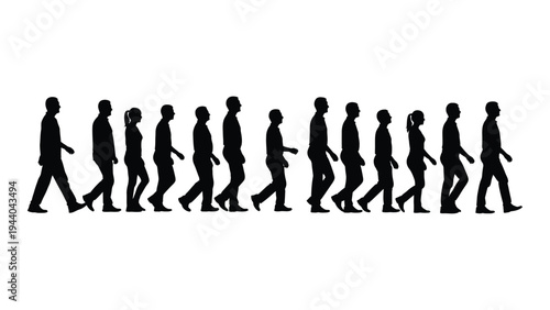 Evolution of human silhouettes in a continuous walking motion depicting progress and unity