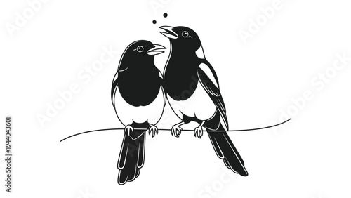 Magpie Pair in Affinity: Intricate illustration of two magpies perched closely on a slender branch, expressing mutual affection, set against an airy canvas.