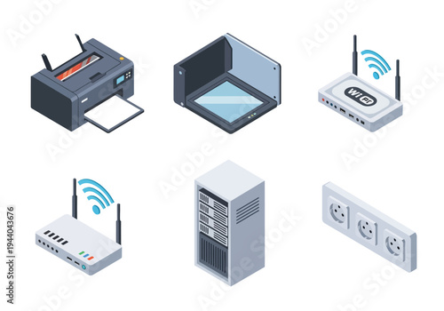 Collection of six isometric electronic devices including a printer, scanner, server, and power outlets for technology and business concepts