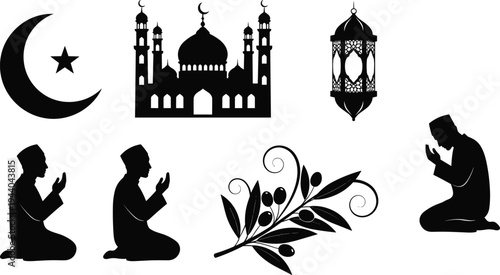 Islamic Ramadan symbol set with crescent moon star, mosque, lantern and Muslim man praying silhouettes isolated on white background for Eid Mubarak design