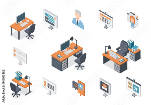 Collection of Isometric Office Desks and Workstations in a Modern Style