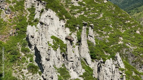 Aerial view of natural rock formations Stone mushrooms in the Altai Nature Reserve in the Chulyshman River valley.