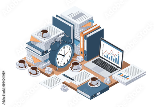 Office desk overloaded with documents and coffee cups, with laptop and clock symbolizing workload and deadlines