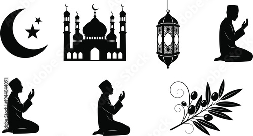 Islamic Ramadan symbols set with mosque, crescent moon, lantern and Muslim man praying silhouettes isolated on white background for Eid Mubarak celebration design