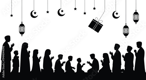 Muslim family praying during Ramadan night with crescent moon, stars, hanging lanterns and gift silhouette, Islamic Eid Mubarak celebration and traditional worship illustration