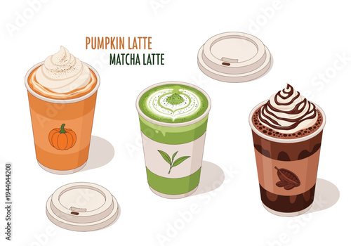 Isometric illustration of autumn beverages including pumpkin latte and matcha latte with whipped cream and chocolate drizzle