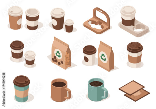 Various coffee related items and accessories presented in a clean, isometric, 3D illustration