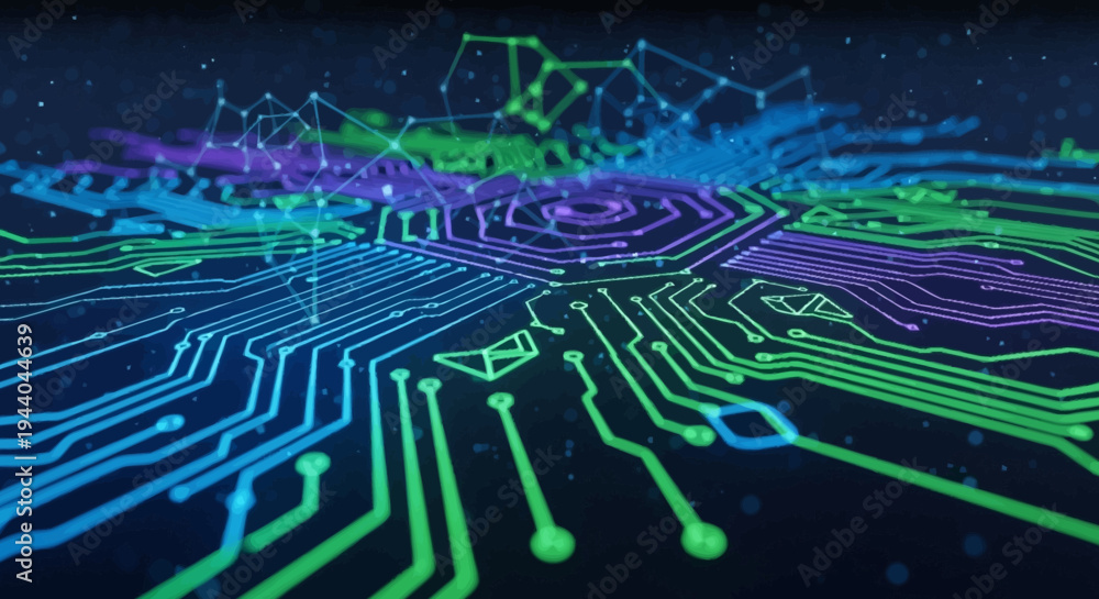 Obraz premium Abstract digital circuit board with glowing lines and nodes.