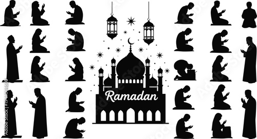Muslim people praying around mosque with lanterns, crescent moon and stars silhouette illustration, Islamic Ramadan Kareem and Eid Mubarak worship celebration concept