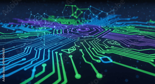 Abstract digital circuit board with glowing lines and nodes.