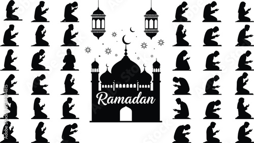 Muslim people praying around mosque with Ramadan lantern, crescent moon and stars silhouette illustration, Islamic worship concept for Ramadan Kareem and Eid Mubarak celebration