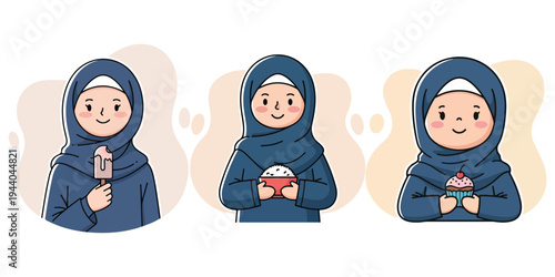 Illustration of a woman in hijab enjoying various food items like ice cream and cupcakes