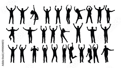 Collection of diverse human silhouettes in various jumping and celebratory poses