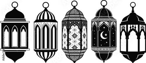 Ornate Ramadan lantern silhouette set with Arabic Islamic decorative lamps isolated on white background, traditional Eid Mubarak hanging lantern collection vector illustration