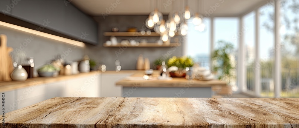 Fototapeta premium Kitchen table top in a modern interior with a background blur effect.