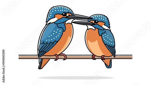 Kingfisher Couple Tender Moment: Two vibrantly colored kingfishers, perched on a branch, share an intimate moment, their beaks gently touching in a display of affection.