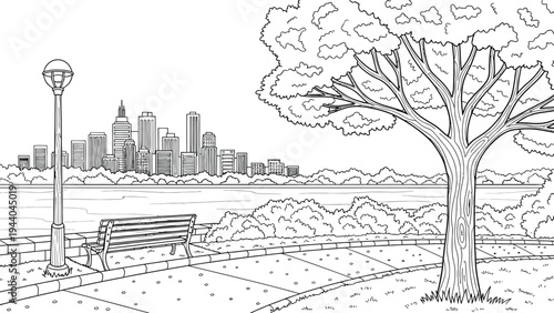 Riverside city park panorama with empty bench under a large leafy tree and distant urban skyline on horizon black and white outline