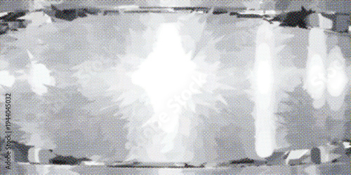 An abstract black and white winter landscape captures a snow covered window overlooking a cold mountain waterfall and icy river cascade