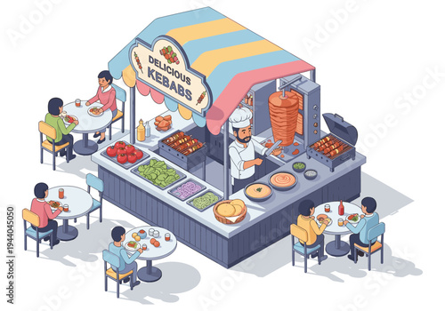 Isometric illustration of a busy kebab food stall with customers enjoying meals outdoors