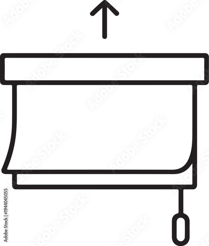 Illustration of black line drawing of a simple window blind with pull cord and up arrow