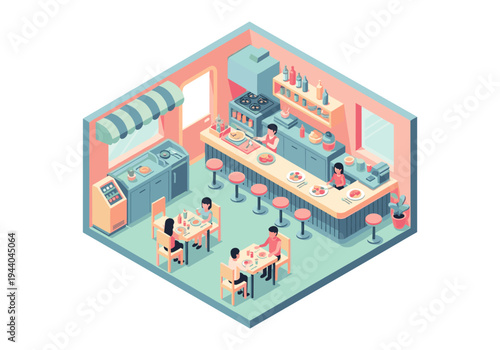 Isometric diner interior with people eating at tables and counter seats