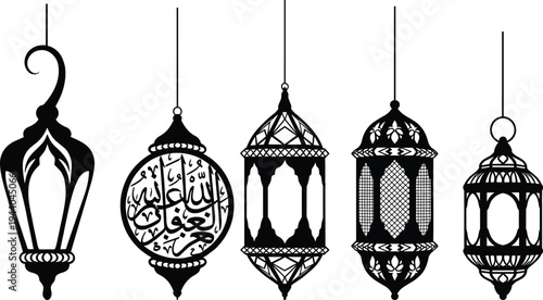 Ornate Ramadan lantern silhouettes with Arabic calligraphy hanging lamps isolated on white background, traditional Islamic decorative lantern set for Eid Mubarak design