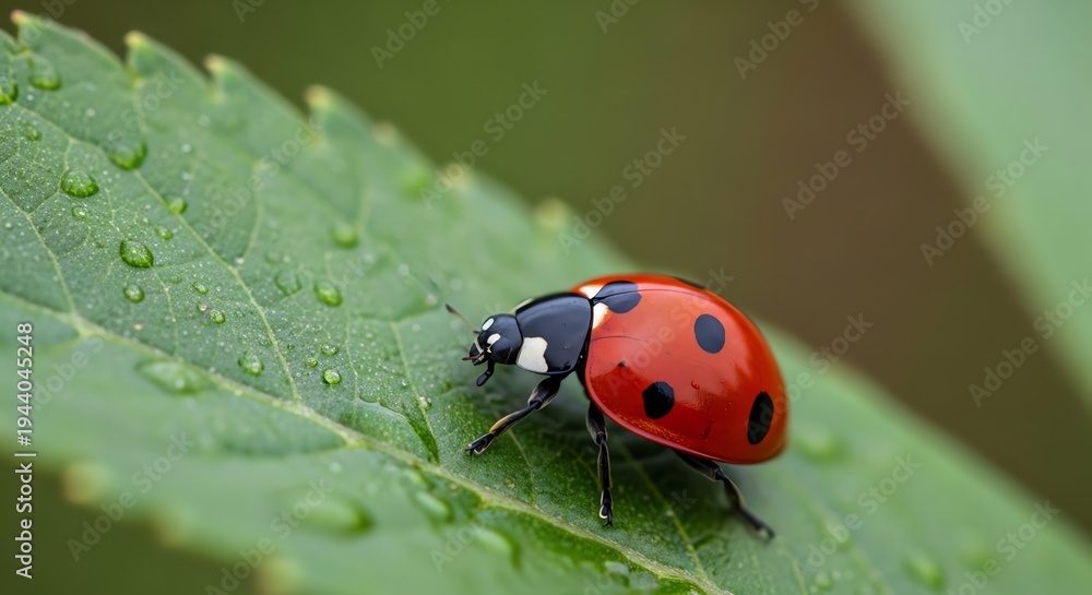 Fototapeta premium Macro shot of a bright red ladybug with black spots resting on a vibrant green leaf covered in tiny water droplets