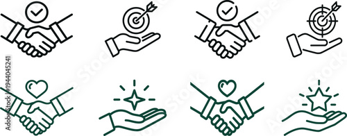 Handshake icons with various symbols representing partnership and agreement