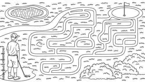 Golfer on a course with a maze leading to the flag and hole surrounded by grass trees and water hazard coloring page