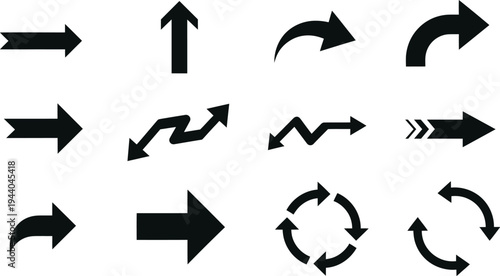 Collection of various black arrows on white background