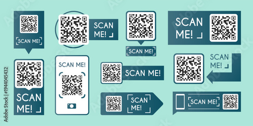 QR code scanner icon with phone frame for mobile payment, set of vector illustrations. Modern barcode reader sticker design for digital commerce and scan me store discount labels