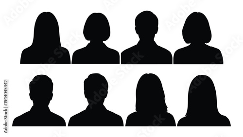 A group of seven people silhouettes representing diverse individuals in two rows on a white background for user profiles or avatars